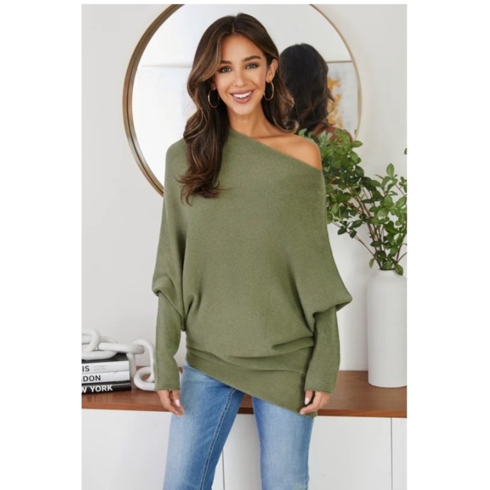 Milio Milano Olive Green Asymmetrical Off Shoulder Knit Sweater Italy XS/S